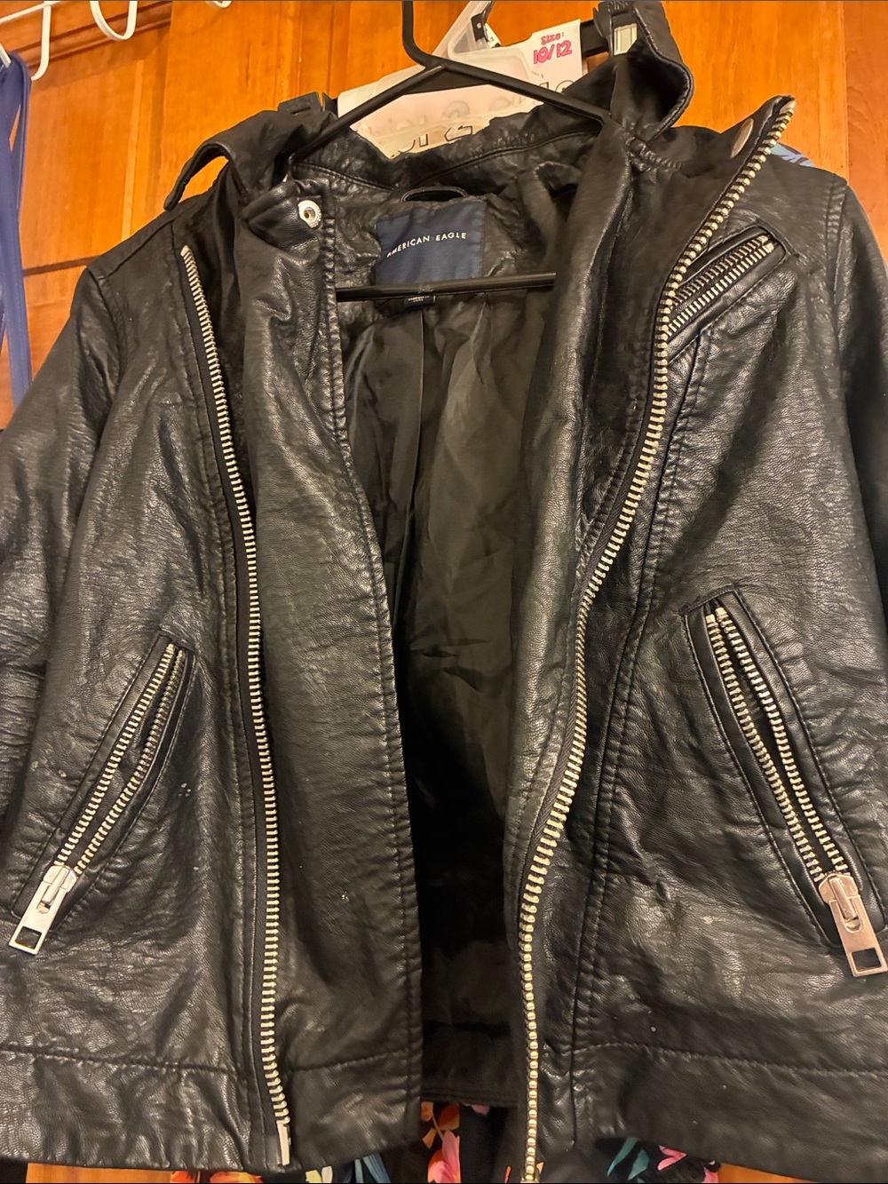American Eagle Black Faux-Leather Biker Jacket with Silver Hardware